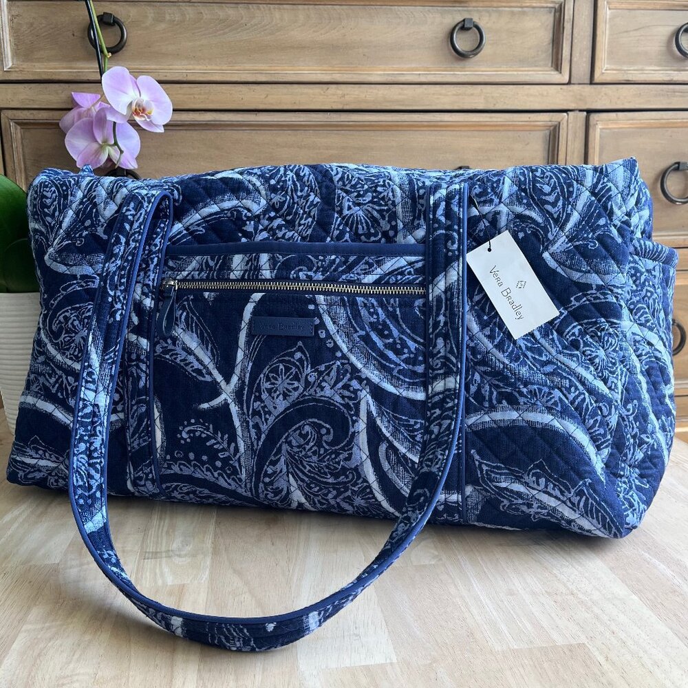 Vera Bradley Iconic Large Duffle Cotton Indigo Blues Print Travel Bag